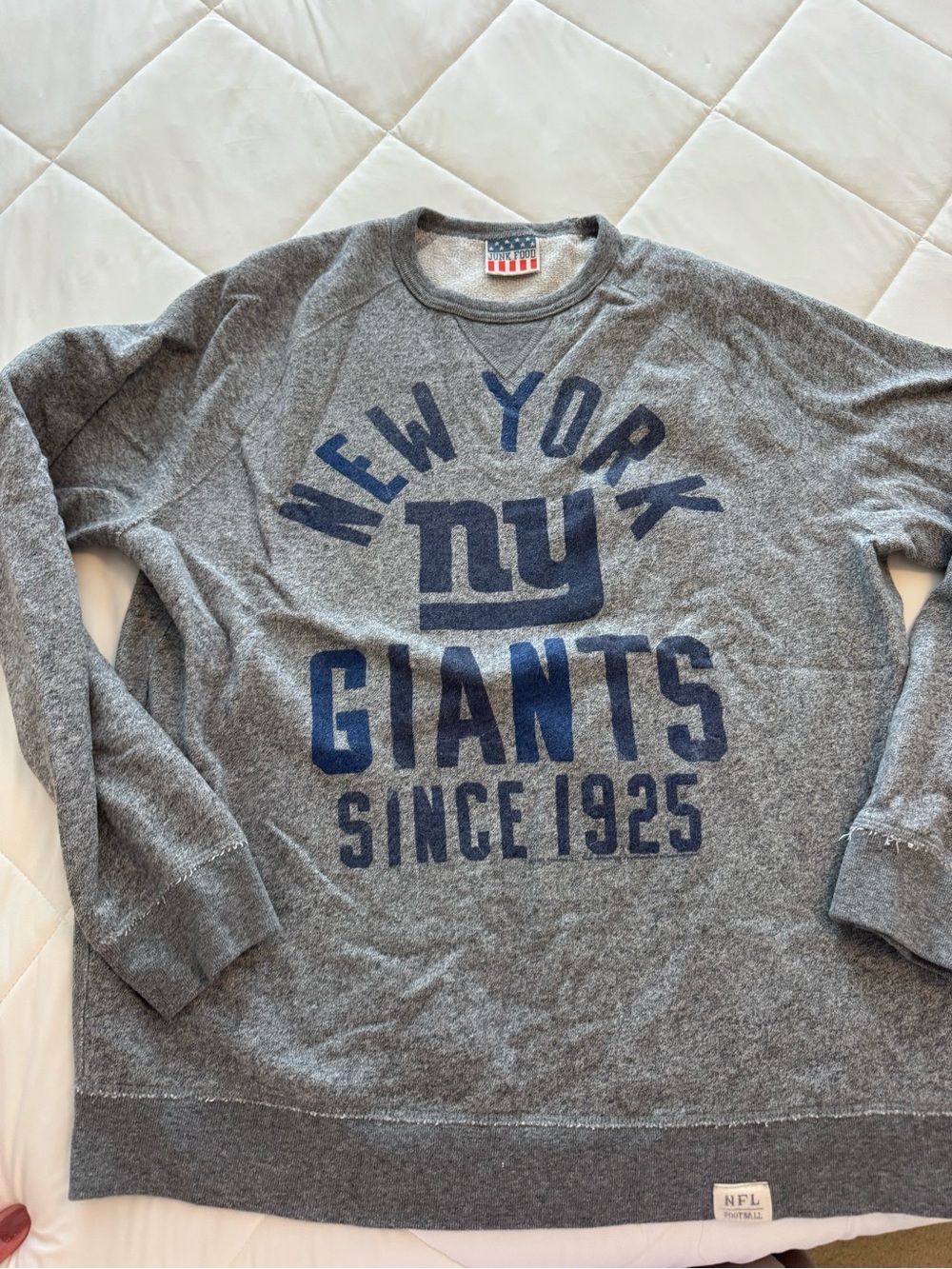 Junk Food Clothing Gray Crewneck with Navy New York Giants Logo